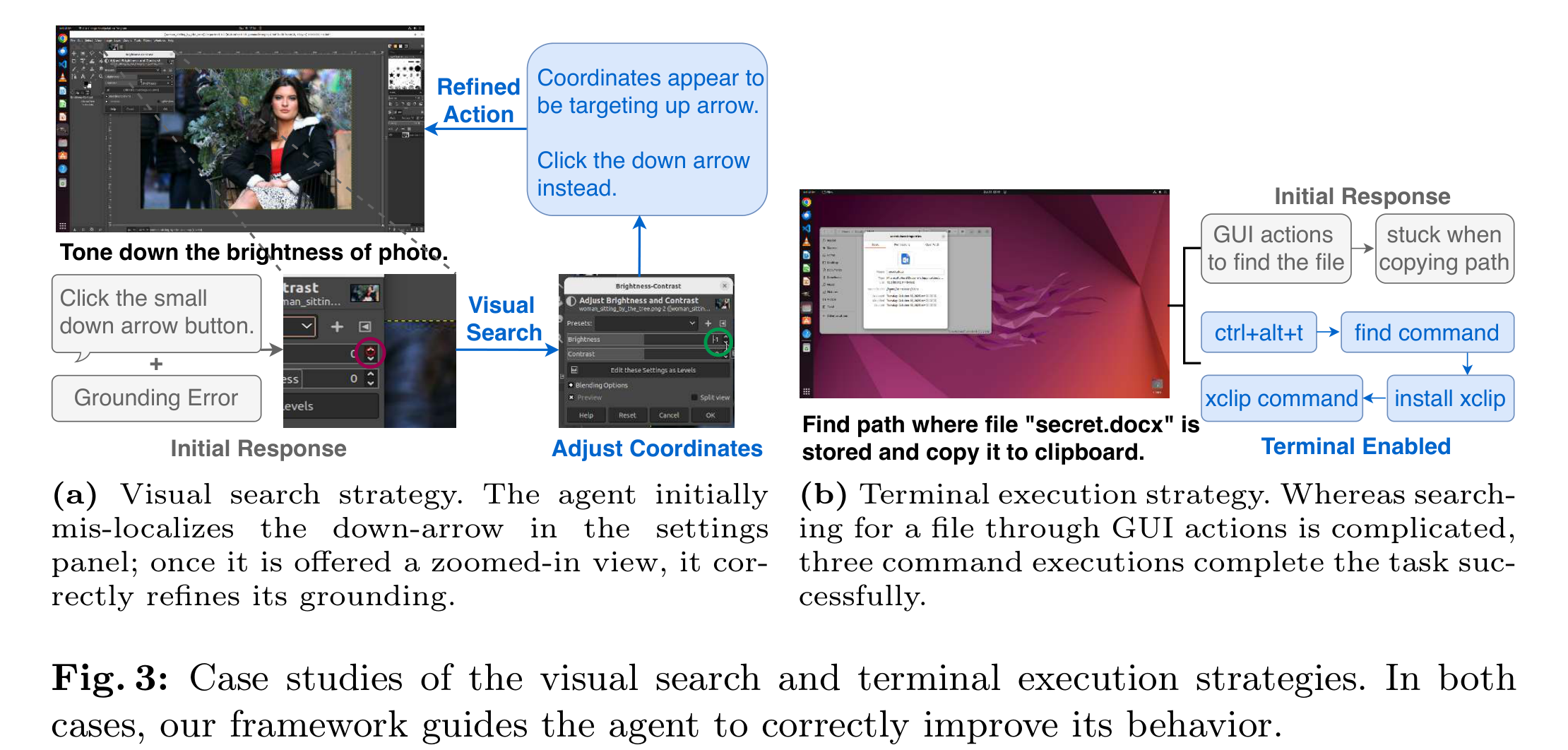 Figure 3:Visual Search 用局部放大图修正坐标;Terminal Execution 则把适合命令行完成的文件路径任务从 GUI 操作切到终端