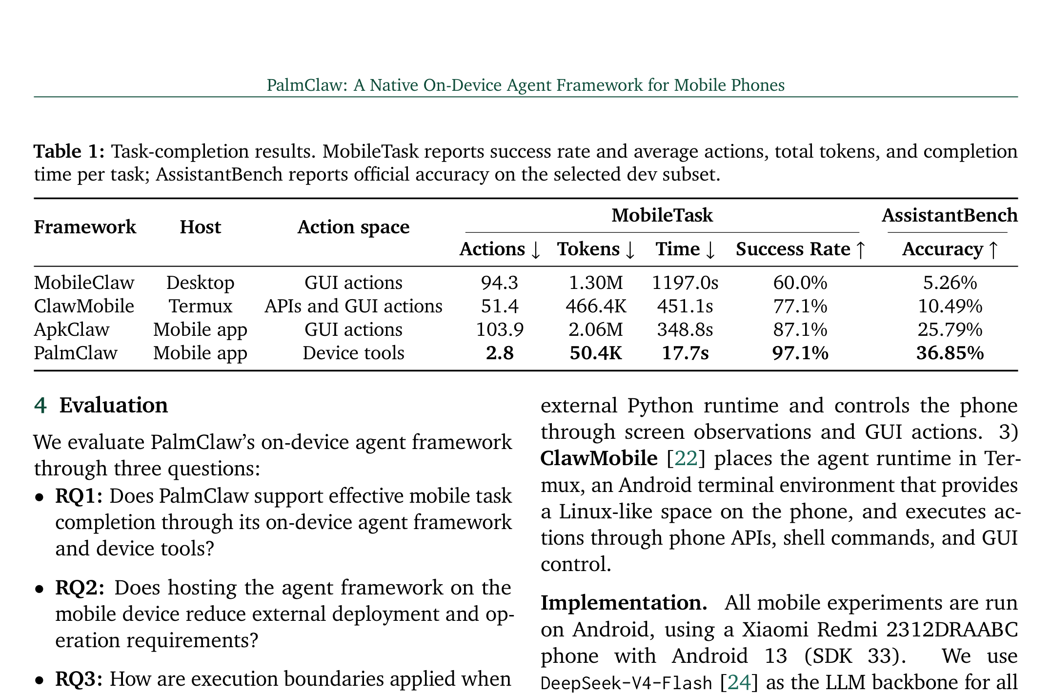 主结果表：PalmClaw 在 MobileTask 上达到 97.1% success rate，平均动作数 2.8、平均 17.7 秒完成；AssistantBench 上 accuracy 为 36.85%
