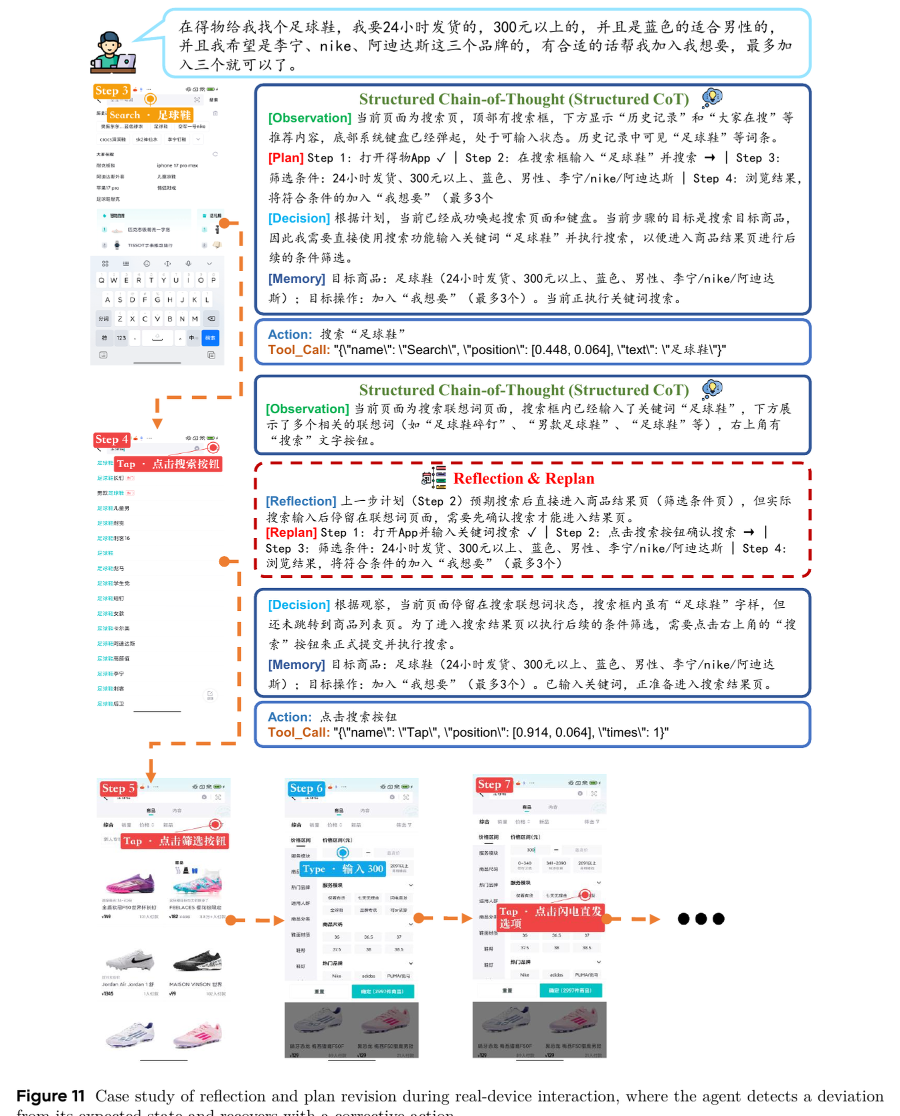 反思和计划修正 case:agent 在真实交互中识别偏离,调整计划并继续执行