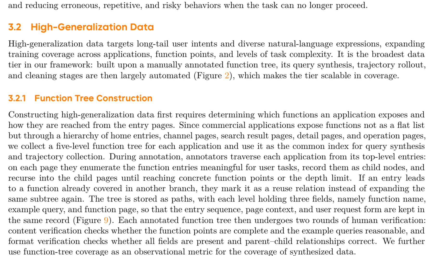 高泛化数据构造流程:从 function tree 到 behavior bucket,再到 query synthesis、trajectory synthesis 和 cleaning